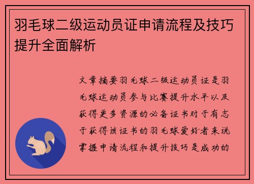 羽毛球二级运动员证申请流程及技巧提升全面解析